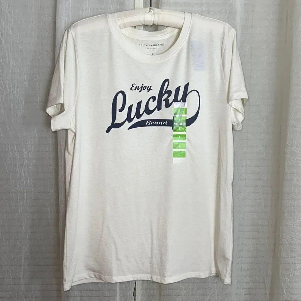 Lucky Brand Ivory Classic Navy Logo Short Sleeve Tee Cloud Dancer